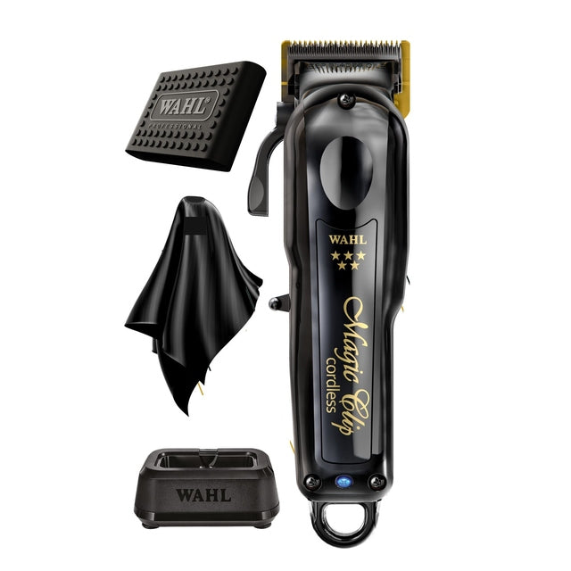 Wahl Upgraded Motor Black Magic Clip Hair Clipper + Clipper and Trimmer Grips + Black Cape + Single Power Station Charge Stand Combo