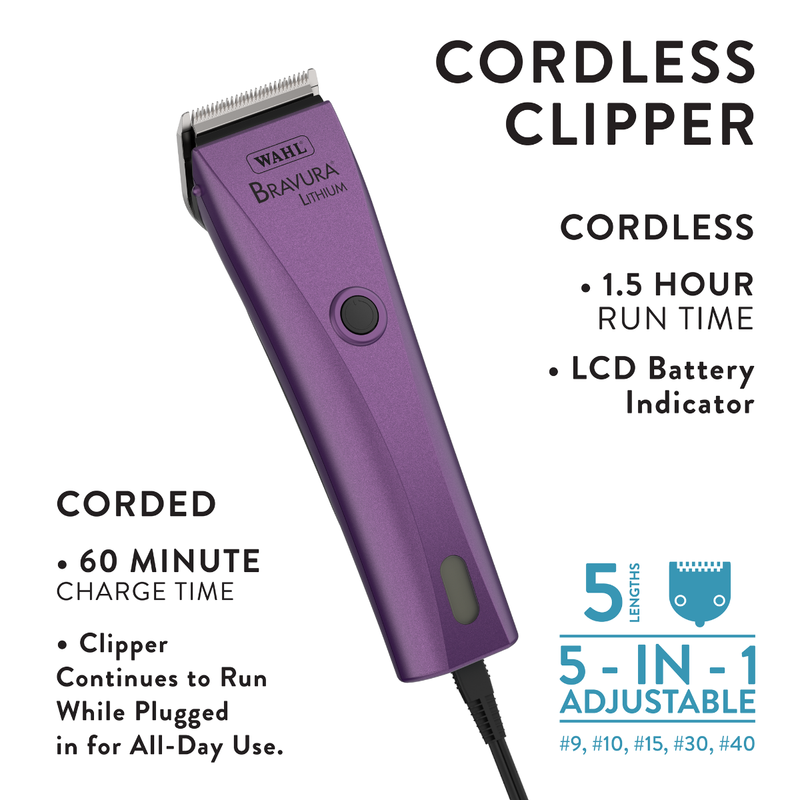 Wahl Bravura Lithium Ion Cordless Pet Clipper with 5 in 1 Adjustable Blade Professional Grooming Tool