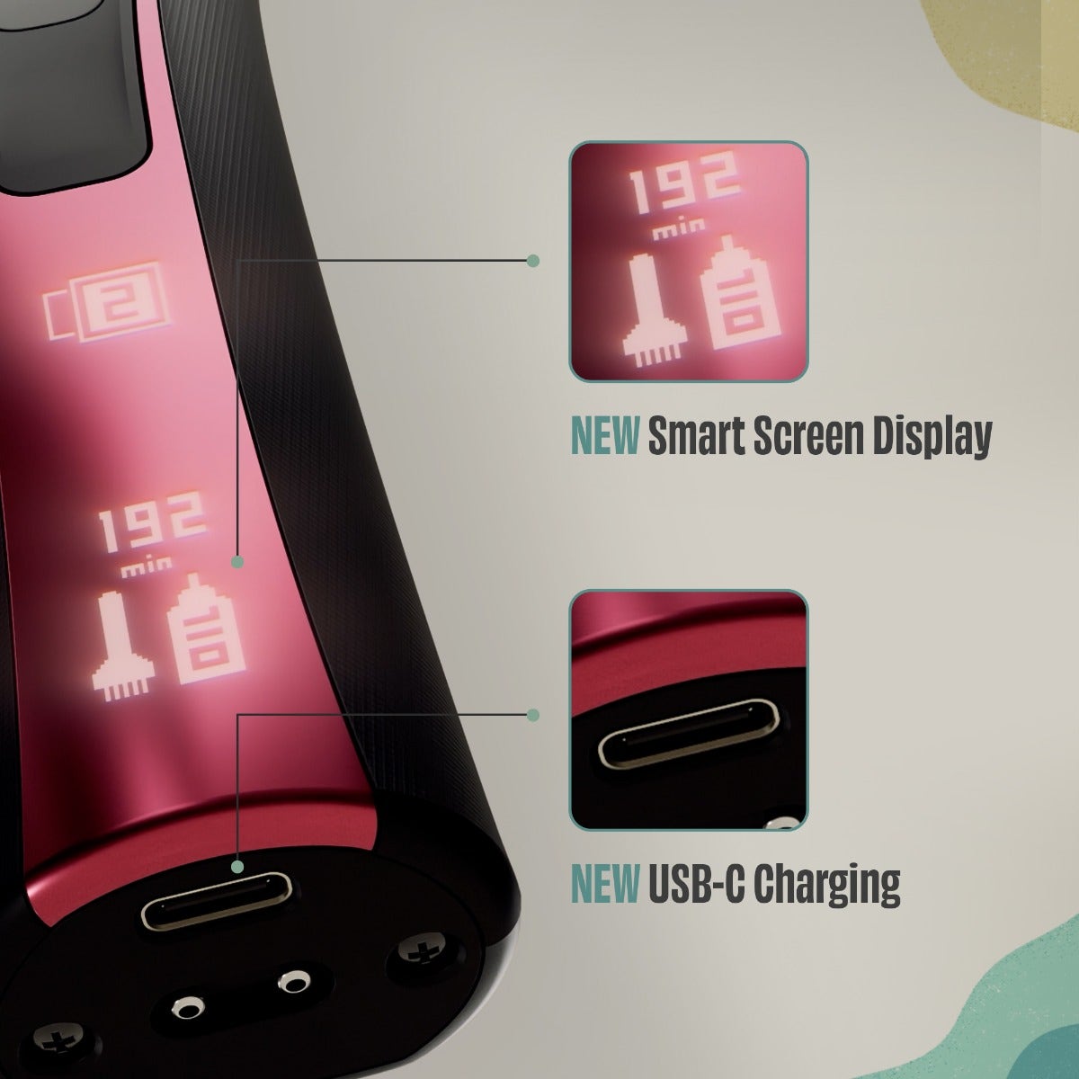 Detail of Wahl Bravura 2 smart screen display and USB-C charging port