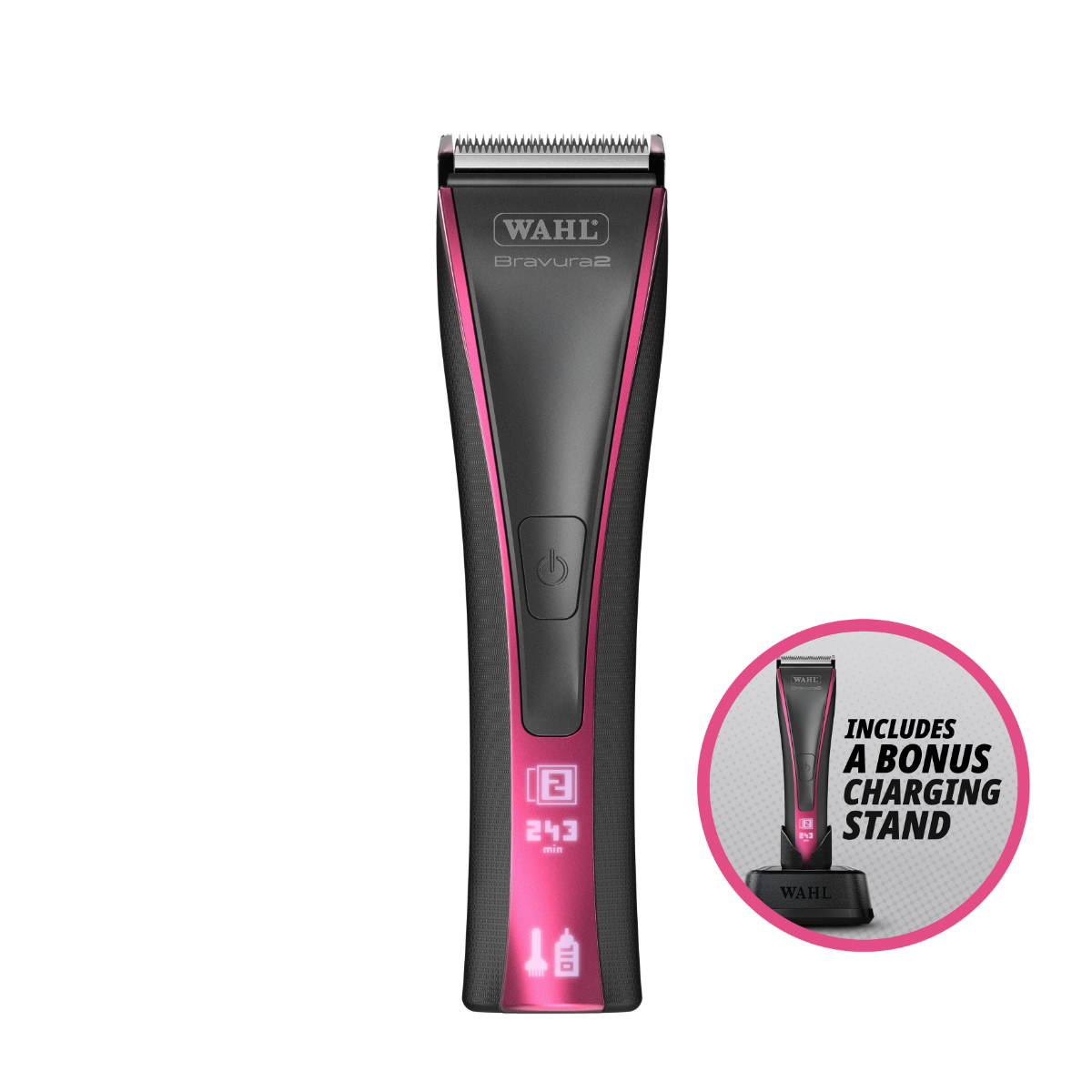 Wahl Bravura 2 pet clipper shown with callout highlighting included charging stand