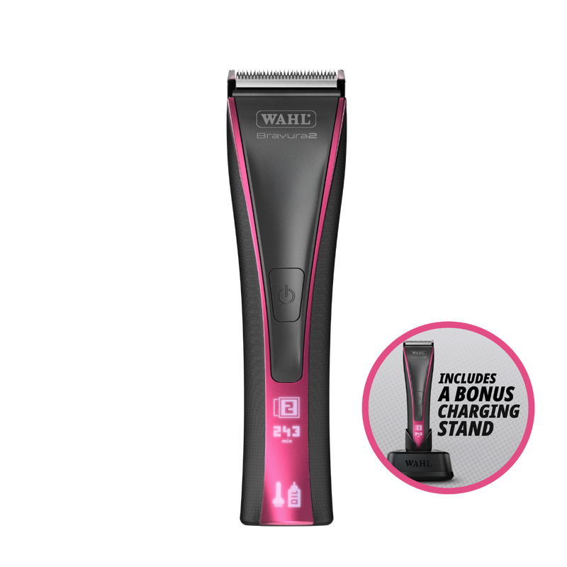 Wahl Bravura 2 pet clipper shown with callout highlighting included charging stand