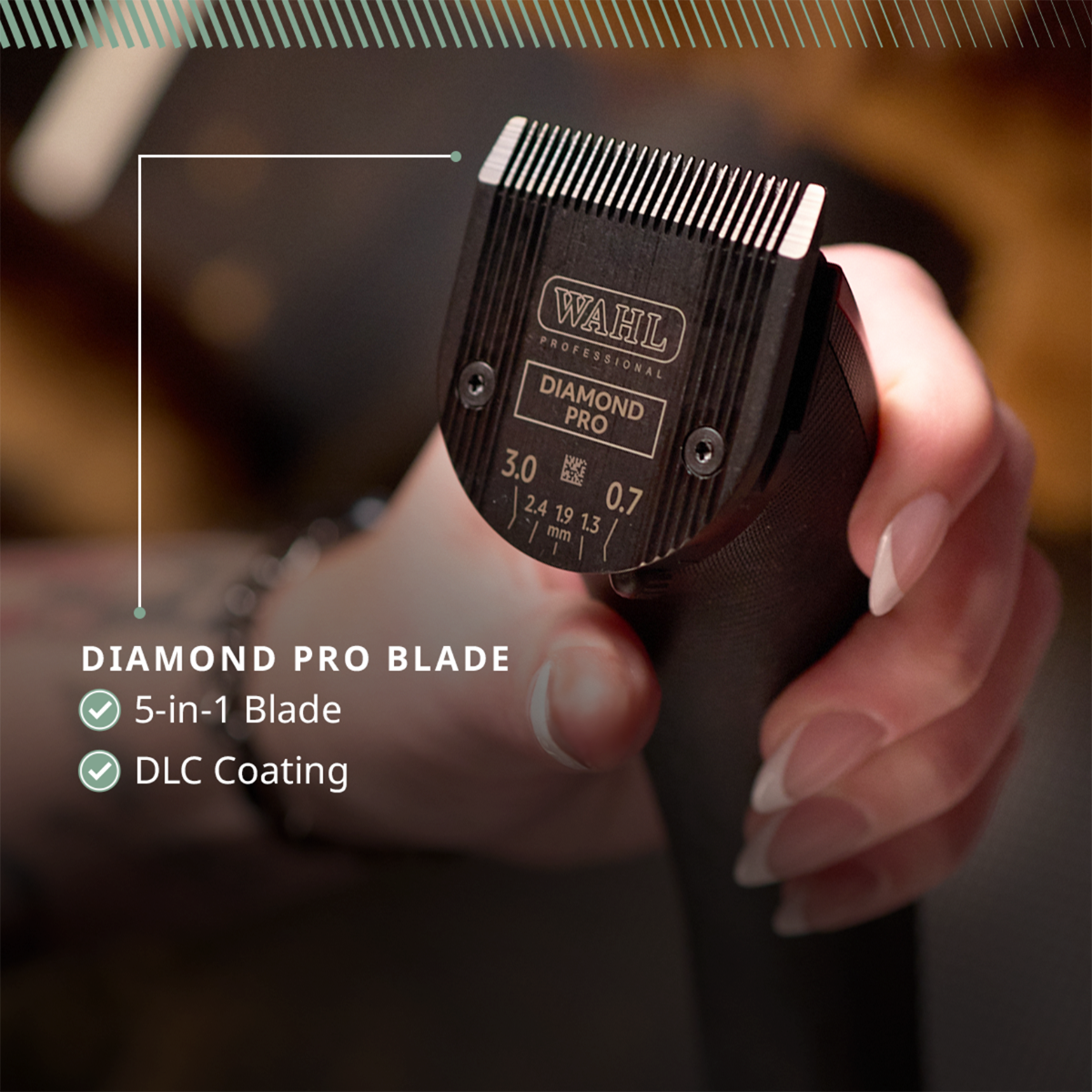 Close-up of Wahl Bravura 2 Diamond Pro 5-in-1 blade with DLC coating
