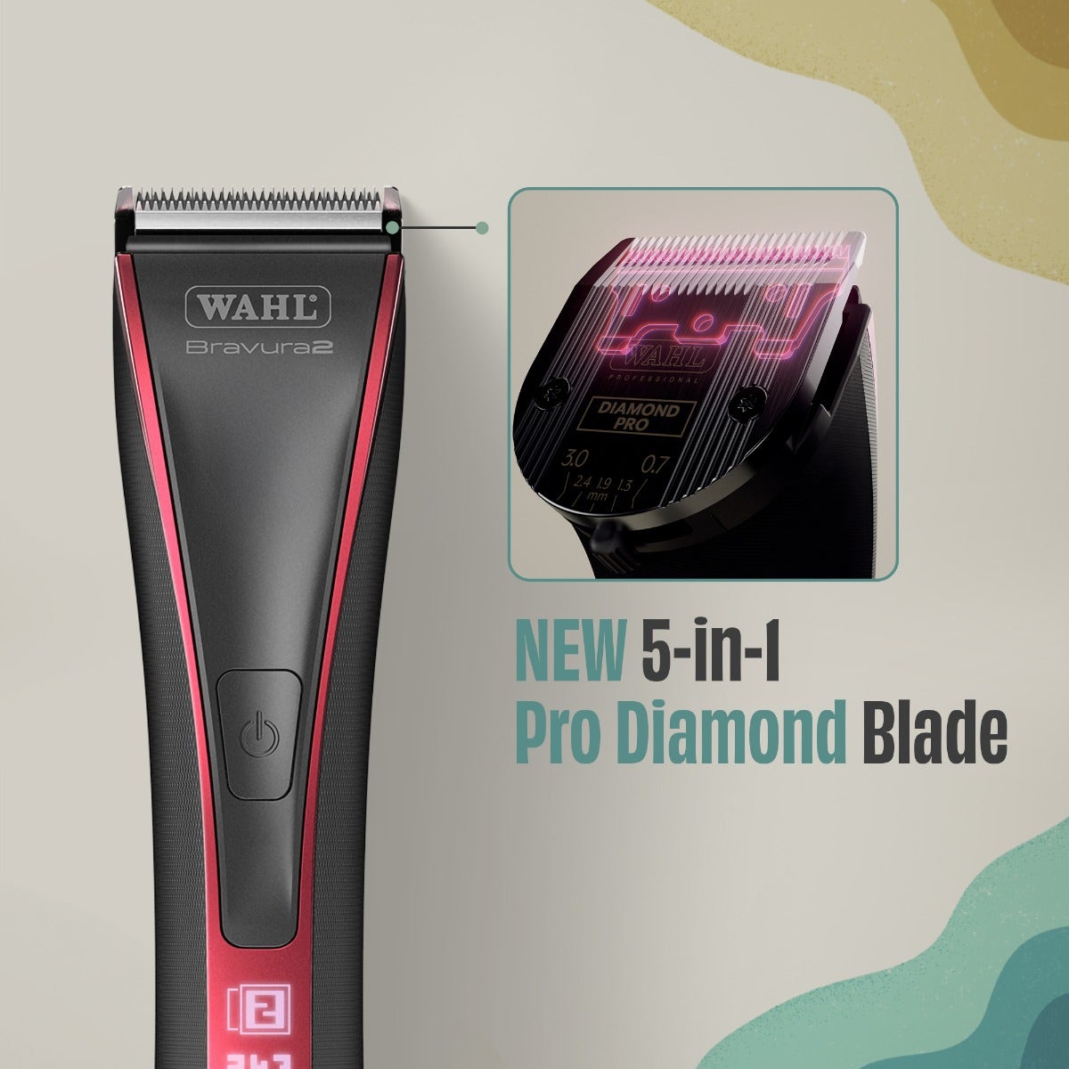 Close-up of Wahl Bravura 2 clipper featuring new 5-in-1 Pro Diamond blade