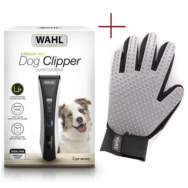 Wahl Lithium Ion Dog Clipper Cordless Professional Pet Grooming Kit + Grooming De-shedding Glove