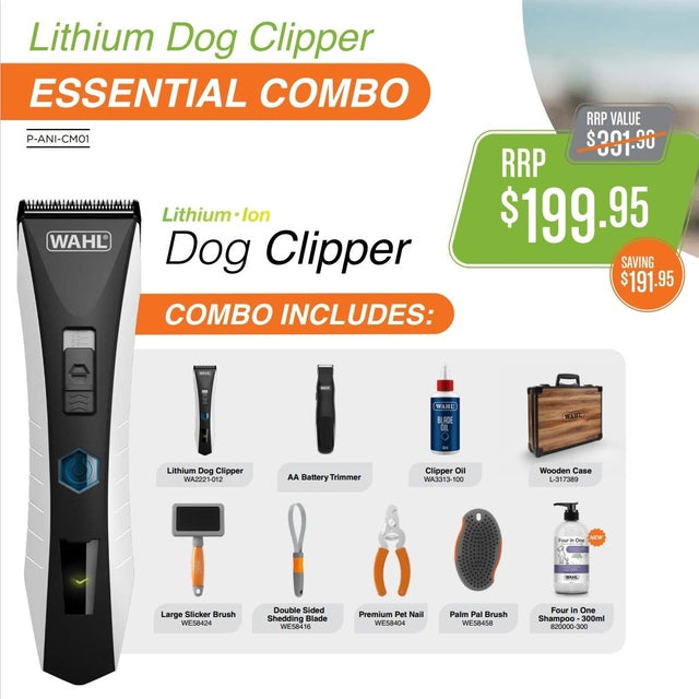 Wahl Lithium Ion Dog Clipper Essential Combo - 9 Pieces Pack in Wooden Case P-ANI-CM01