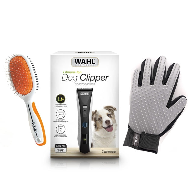 Wahl Lithium Ion Dog Clipper Grooming Combo Includes Small Double Sided Brush and Glove