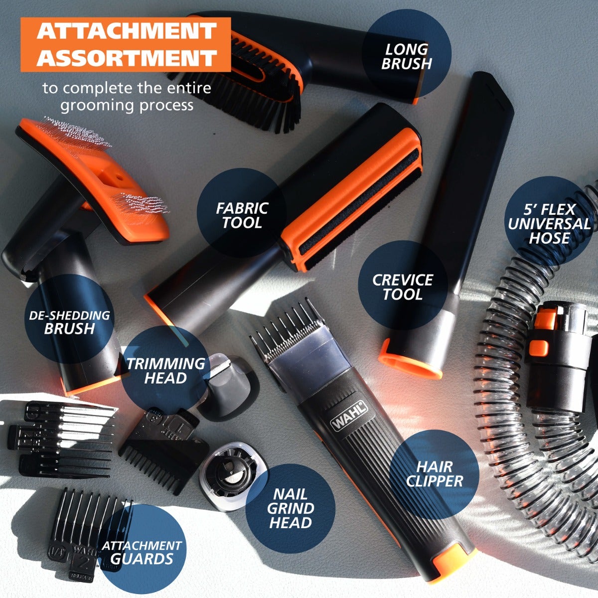 Wahl grooming tool set with attachments on a gray background