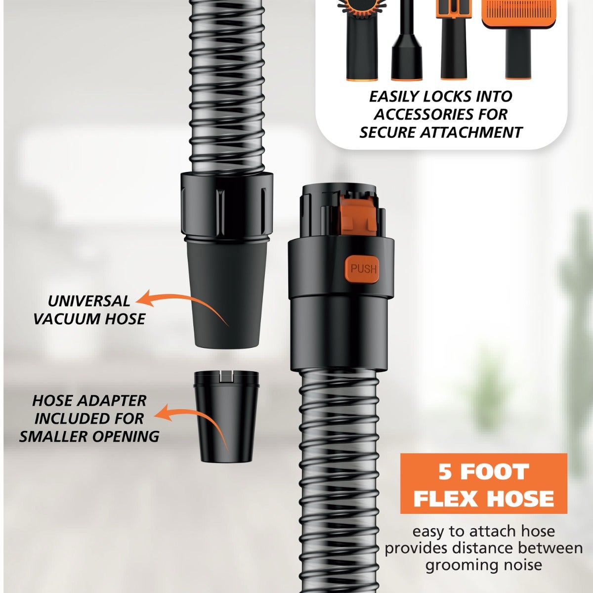Black flexible vacuum hose adapter with a push-button connector and corrugated hose, shown with text callouts and accessory attachment diagrams on a light background.