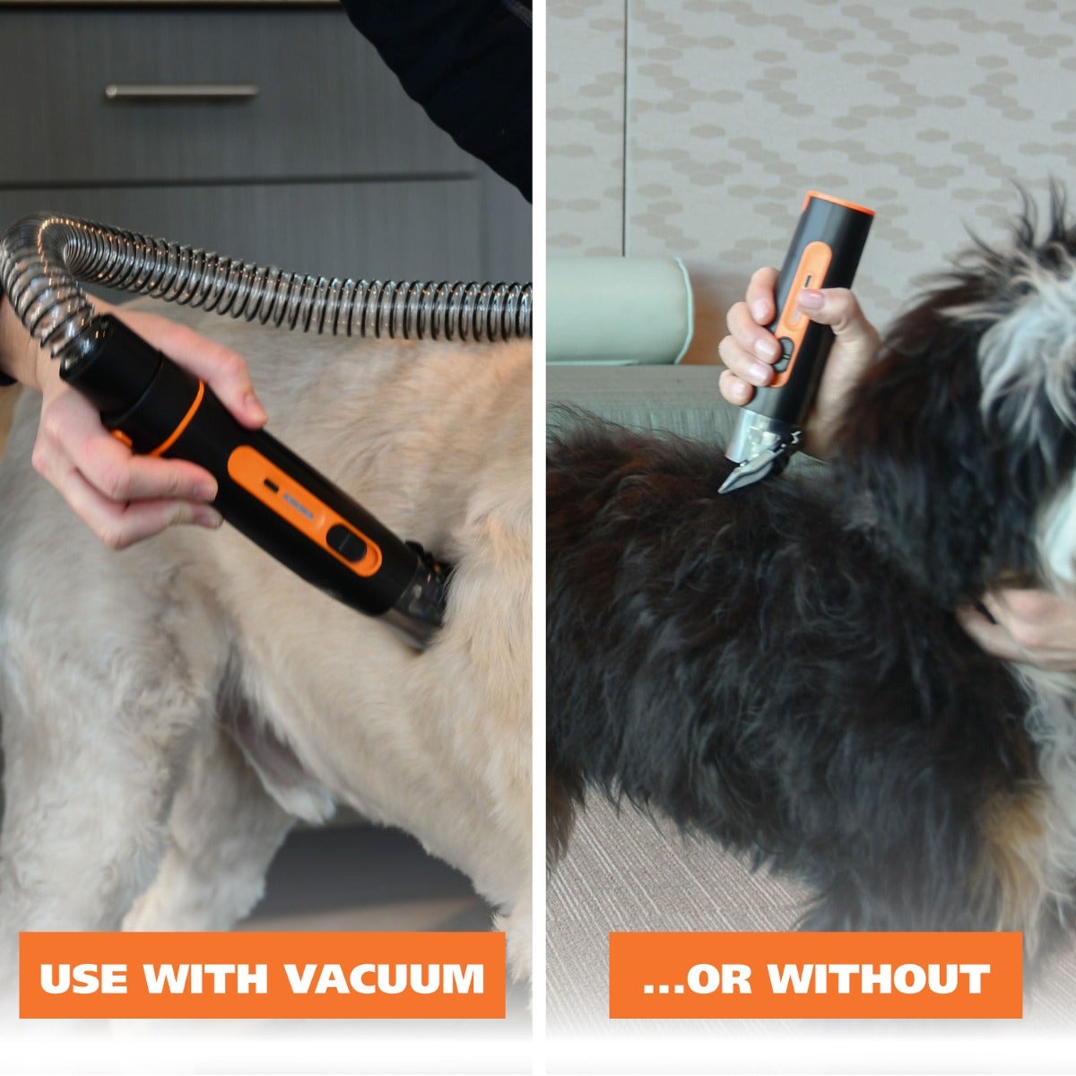 Two images showing a handheld grooming tool being used on a dog with text indicating use with or without a vacuum.