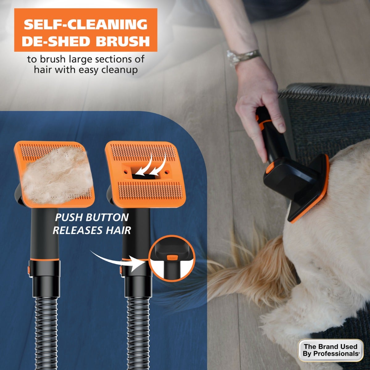 Self-cleaning de-shed brush shown in a promotional graphic with product close-ups, a hand holding the brush, and a dog on a wood floor. Text highlights pushing the button to release hair and easy cleanup.