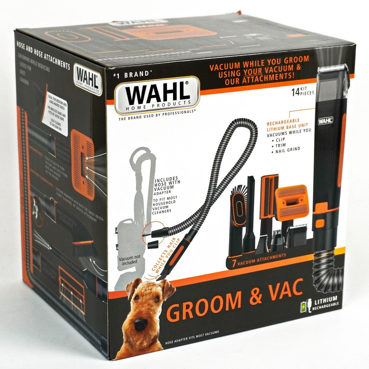Wahl Groom & Vac lithium-ion pet grooming kit retail box, showing the vacuum and attachments pictured on the front, with a dog photo and product details printed on the packaging.