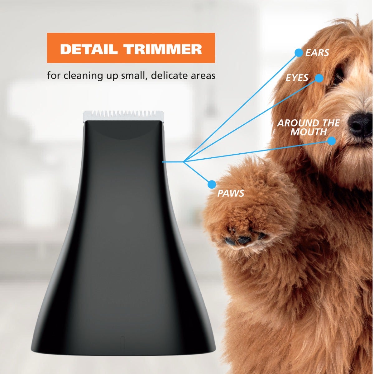 A black pet hair trimmer shown on a light gray background with a brown dog beside it. Blue lines and text label areas the trimmer can reach, including ears, eyes, around the mouth, and paws.