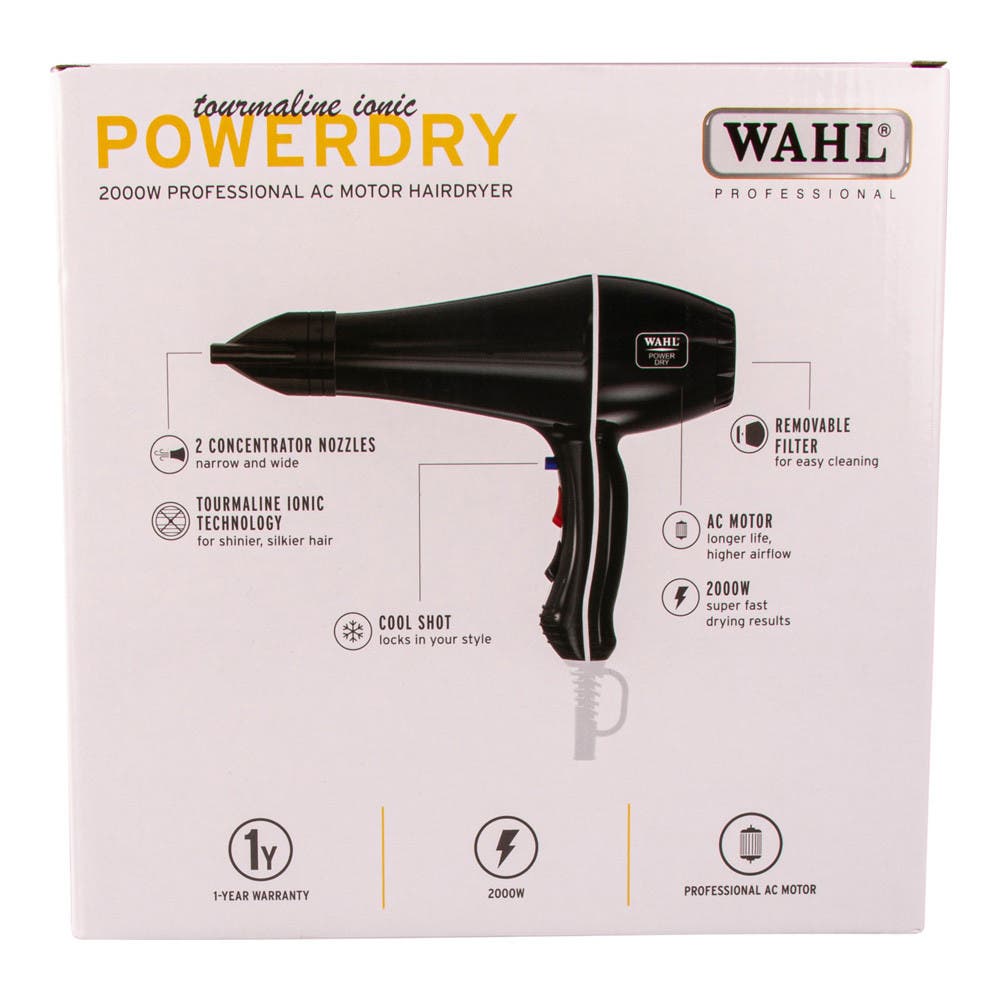 Wahl PowerDry 2000W Professional Barber Hair Dryer Tourmal Ionic & 2 Nozzles Hairdryer