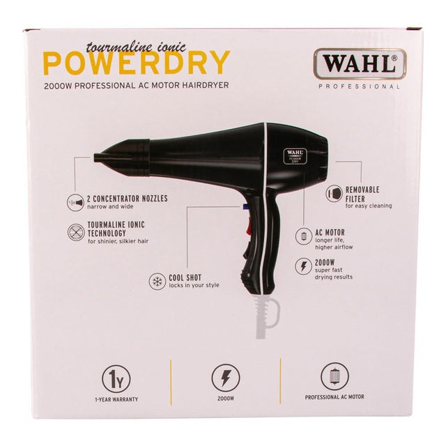 Wahl PowerDry 2000W Professional Barber Hair Dryer Tourmal Ionic & 2 Nozzles Hairdryer