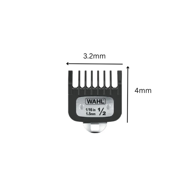 Wahl #1/2 1.5mm guide comb with dimensions labeled 3.2mm wide and 4mm tall