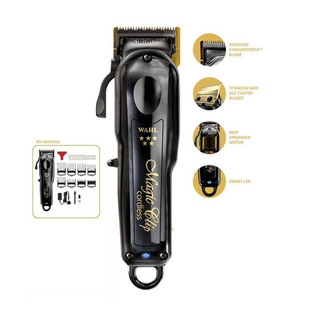 Wahl Black Magic Clip cordless clipper with callouts for stagger tooth blade, coated blades and LED
