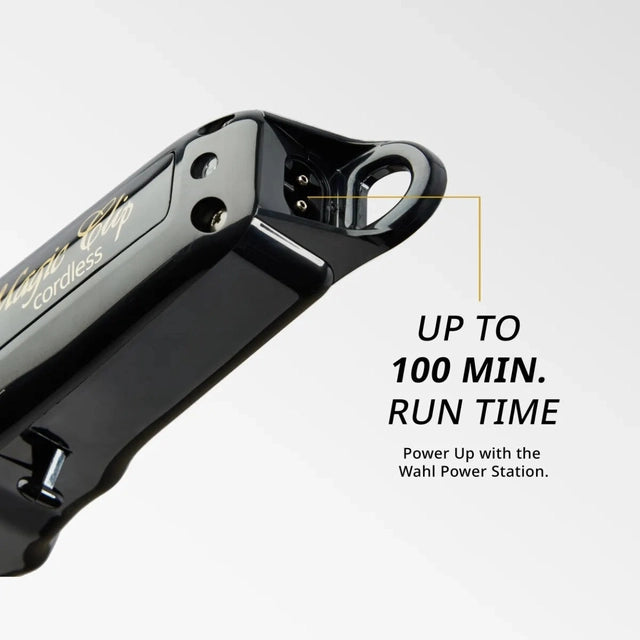 Base of Wahl Black Magic Clip cordless clipper with text noting up to 100 minutes run time