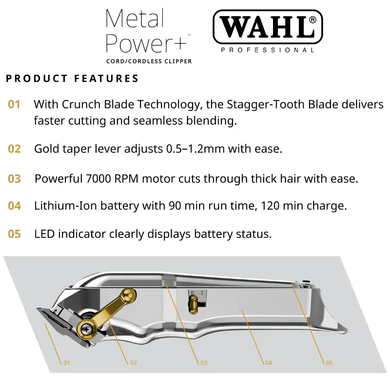Wahl Professional Metal Power+ Cord/Cordless Hair Clipper Made in USA with Crunch Blade Technology
