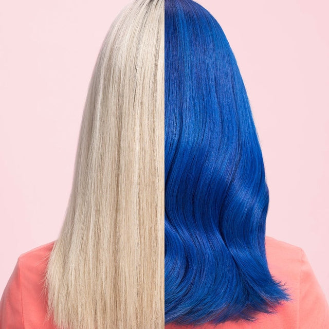 Split image showing hair before in light blonde and after in vibrant blue using Wella Color Fresh Mask.