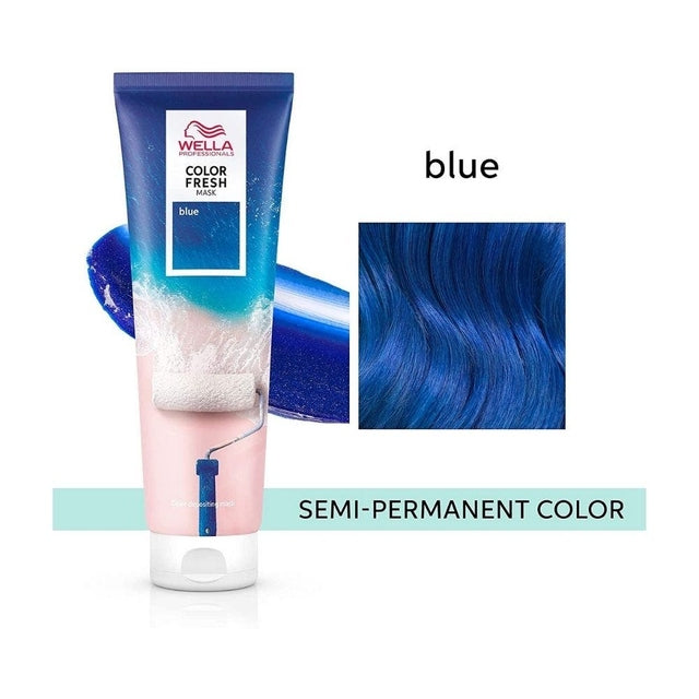 Product shot of Wella Color Fresh Mask Blue with blue hair swatch and semi‑permanent color label.
