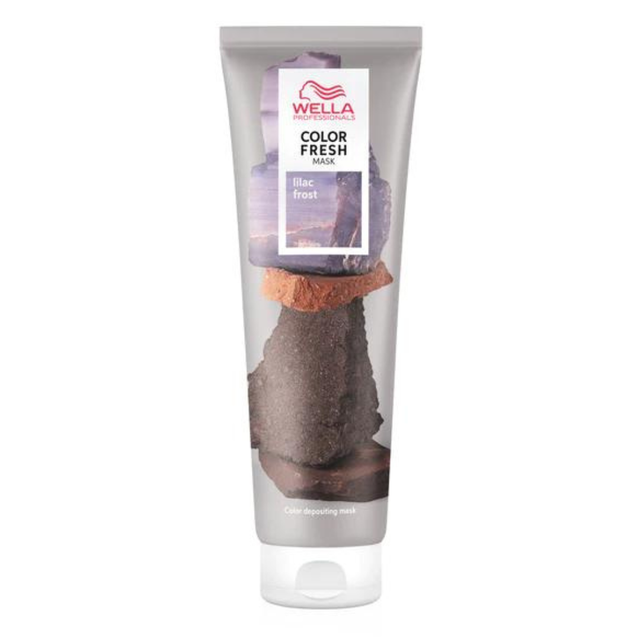Tube of Wella Color Fresh Mask Lilac Frost 150ml with stacked stone imagery on silver packaging.