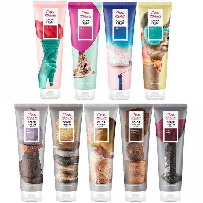 Lineup of Wella Color Fresh Mask 150ml tubes showing all available hair color shades.
