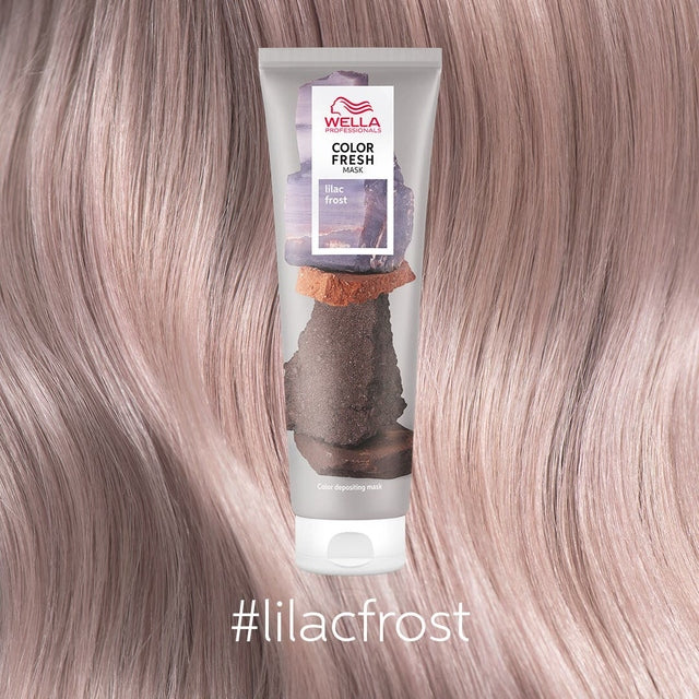 Wella Color Fresh Mask Lilac Frost tube on pastel lilac hair background with hashtag lilacfrost.