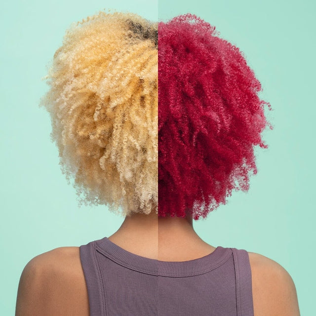 Before‑and‑after image of curly hair changing from blonde to vivid pink using Wella Color Fresh Mask.