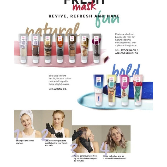 Wella Color Fresh Mask range overview with natural and bold shades plus step‑by‑step application guide.