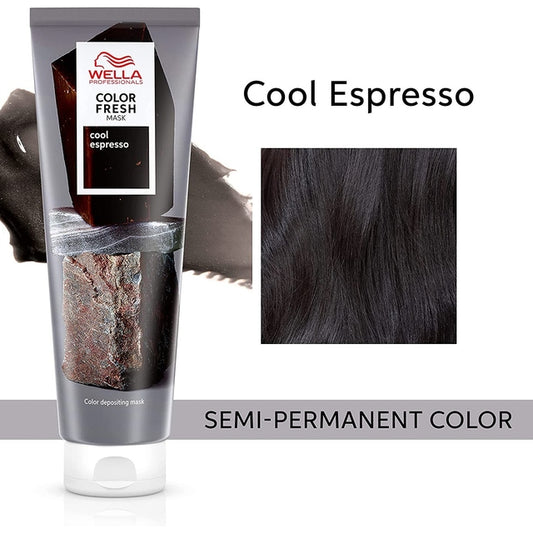 Wella Color Fresh Mask Cool Espresso tube with dark brown hair color swatch and text semi-permanent color