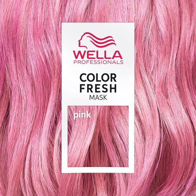 Close-up of wavy pink hair with Wella Color Fresh Mask Pink branding overlay
