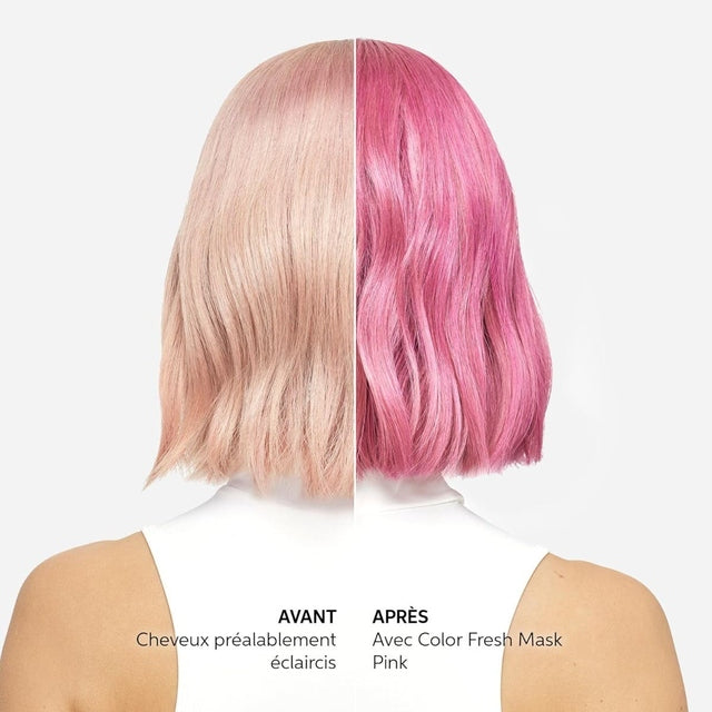 Before and after of short hair, from light blonde to vibrant pink using Color Fresh Mask Pink