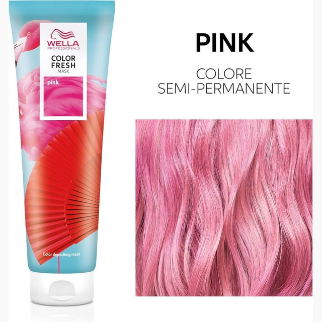Wella Color Fresh Mask Pink tube beside swatch of wavy semi-permanent pink hair color