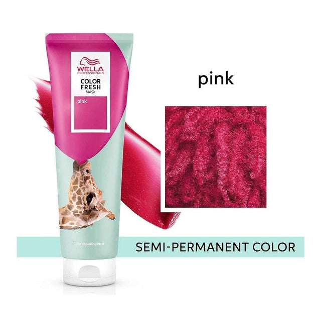 Wella Color Fresh Mask Pink tube with bright pink hair swatch and semi‑permanent color label.