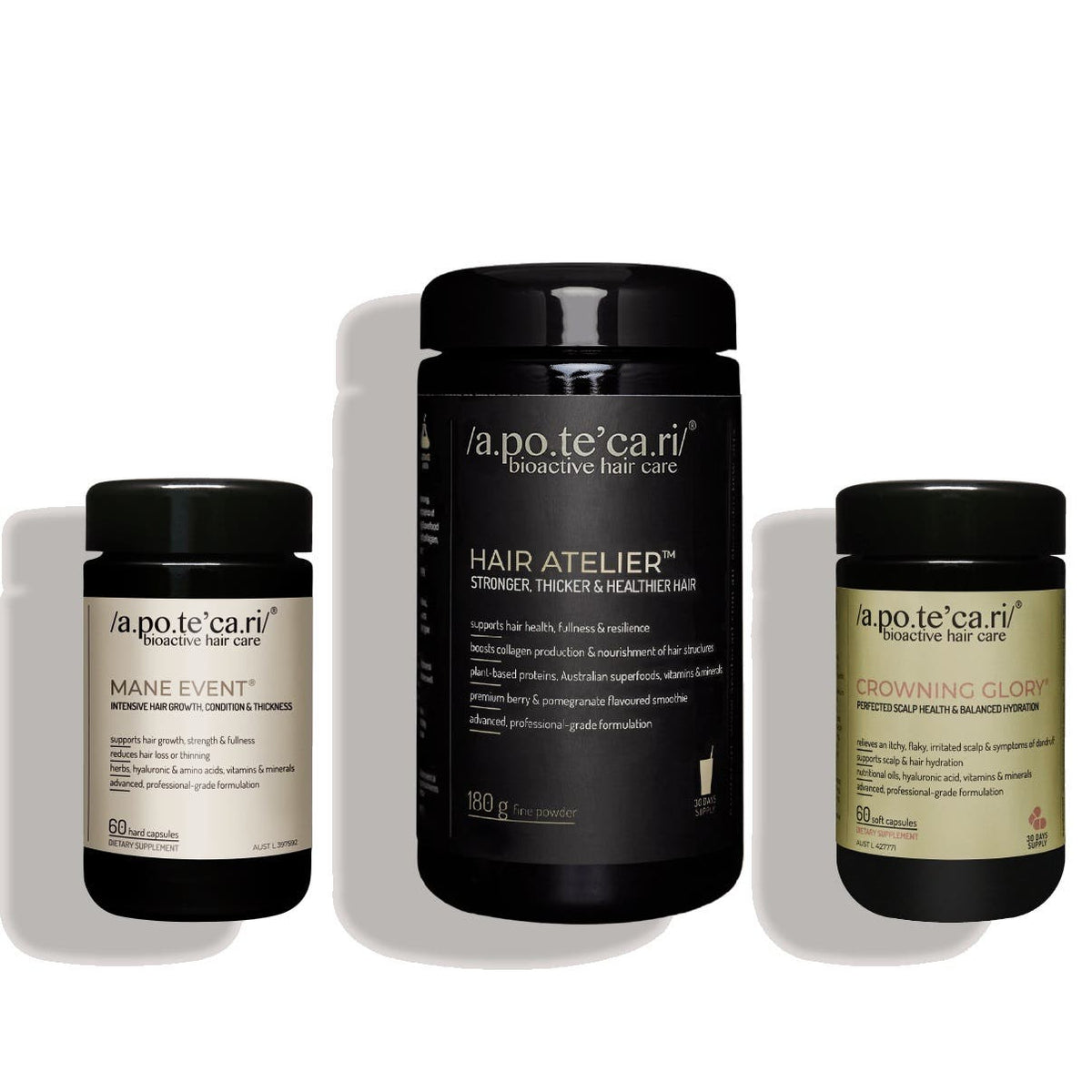 Apotecari The Complete Trio (Apotecari Mane Event 60 Capsules + Apotecari Hair Atelier 180g + Apotecari Crowning Glory 60 Capsules)