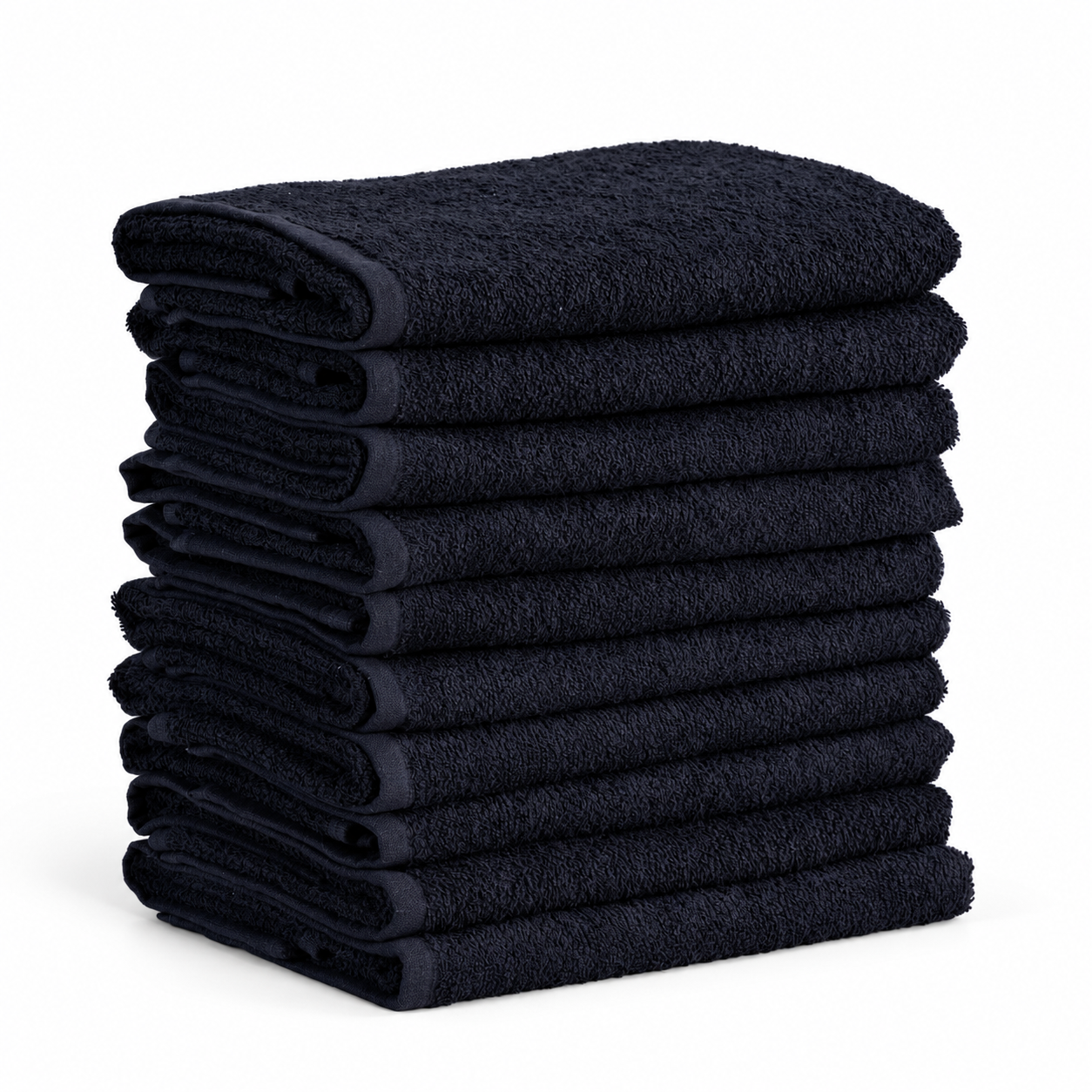 Stack of ten black 40 × 70cm salon towels, 155g premium quality