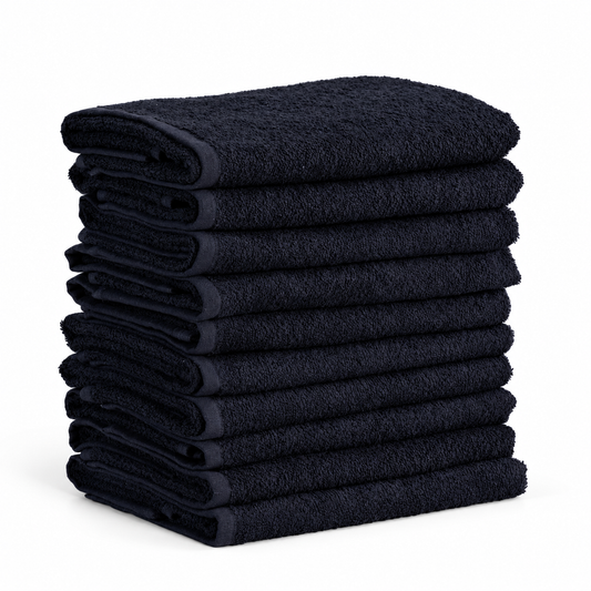 Stack of ten black 40 × 70cm salon towels, 155g premium quality