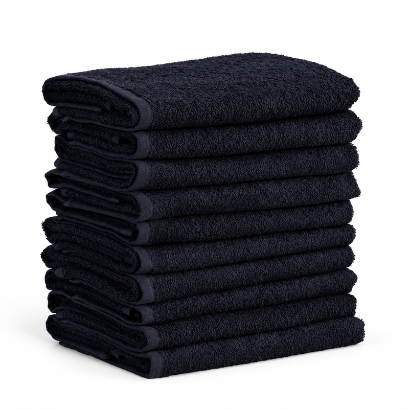Stack of ten black 40 × 70cm salon towels, 155g premium quality