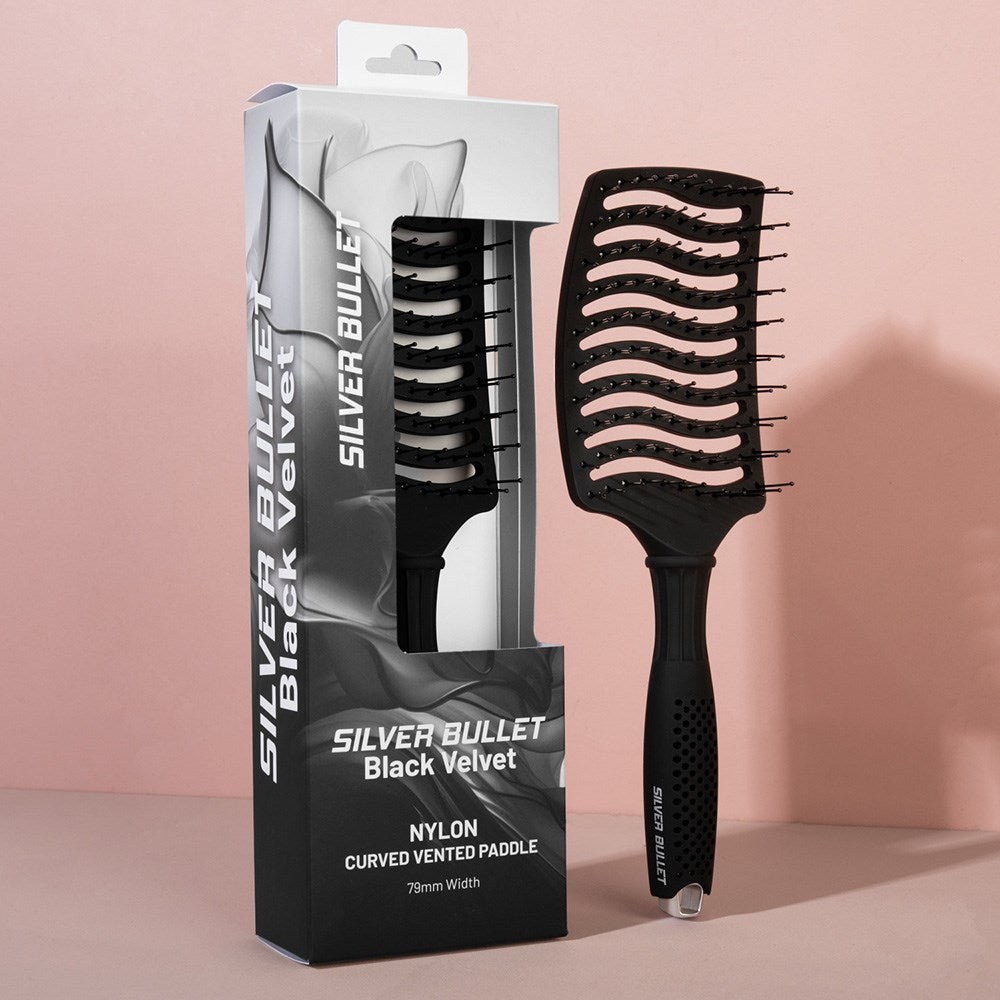 Silver Bullet Black Velvet Nylon Curved Vented Paddle Brush 111219