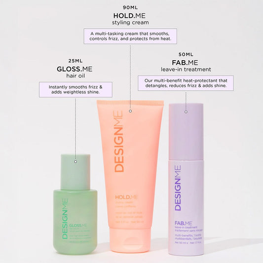 DesignME Adventure Awaits Kit (FabME Leave-In Treatment 50mL, HoldME Styling Cream 90mL, GlossME Hair Serum 25mL)