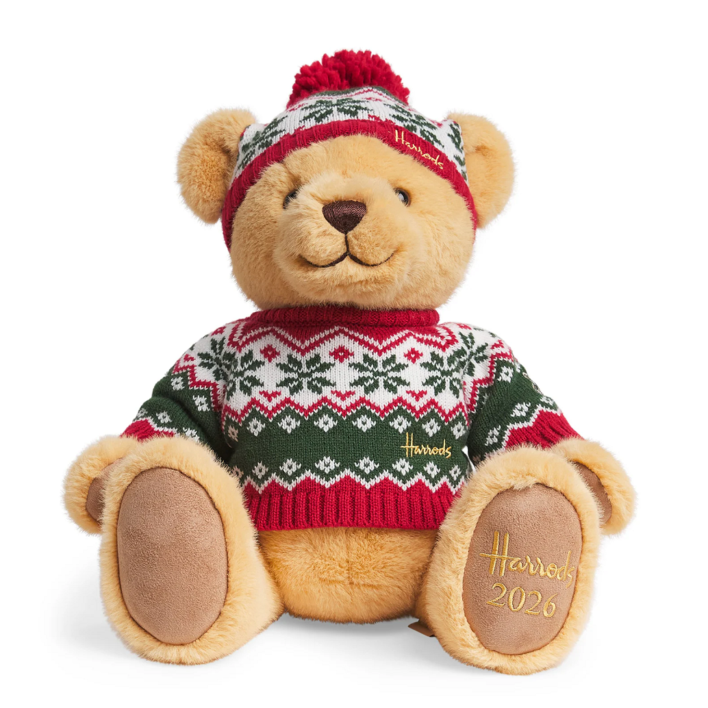 2026 Harrods Christmas Bear Henry plush toy in festive knit jumper and hat, 30.5cm, sitting upright