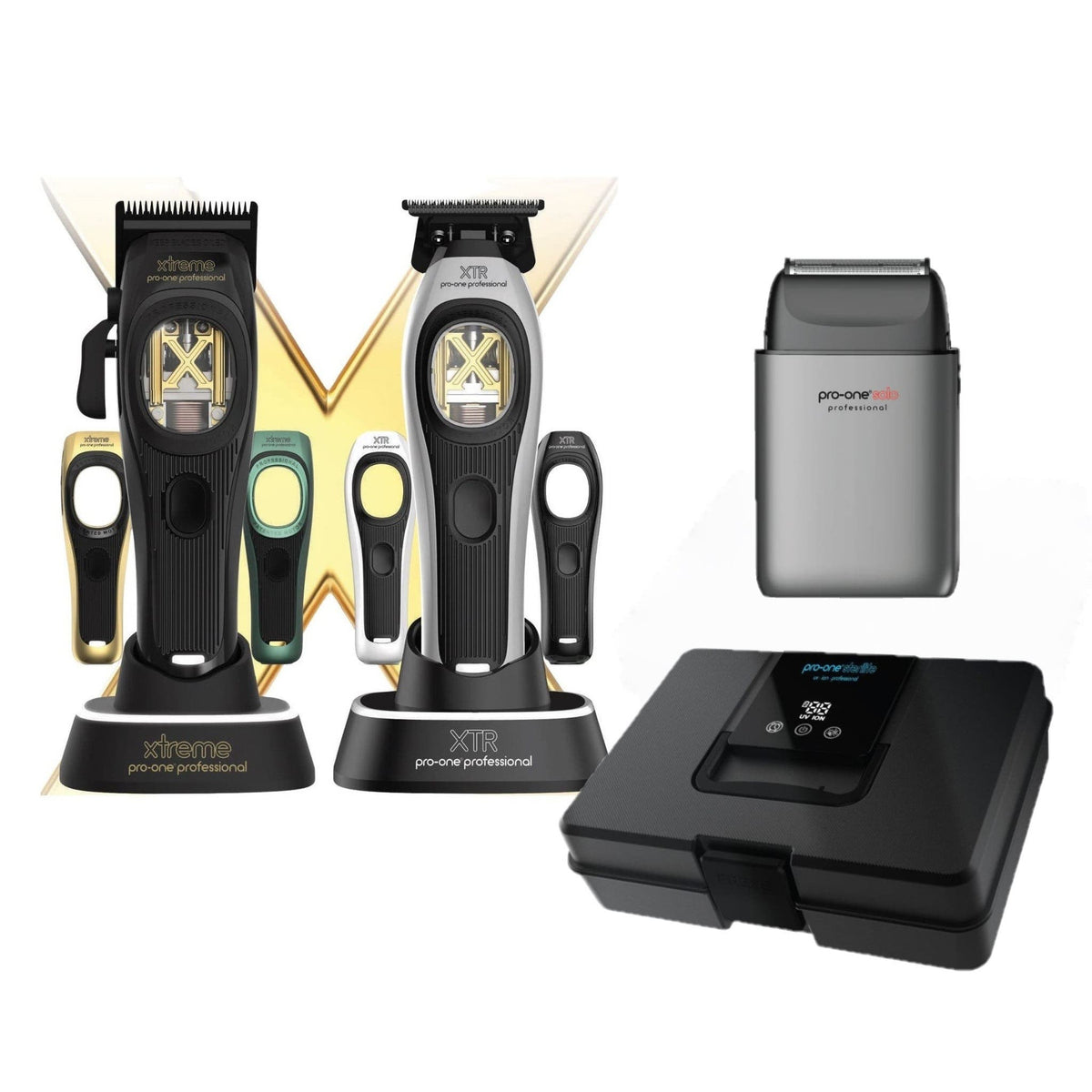 Pro-one Professional Xtreme XTR Bundle ( Xtreme Clipper, XTR Trimmer, Single Foil Shaver and UV Tool Steriliser)