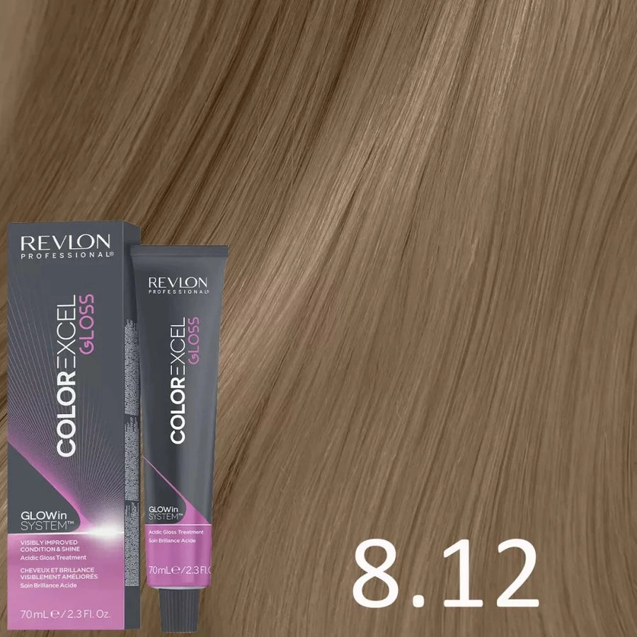 Revlon Color-Xcel Gloss hair color tube and box shown against a swatch of highlighted brown hair, with the shade number 8.12 displayed in white text.